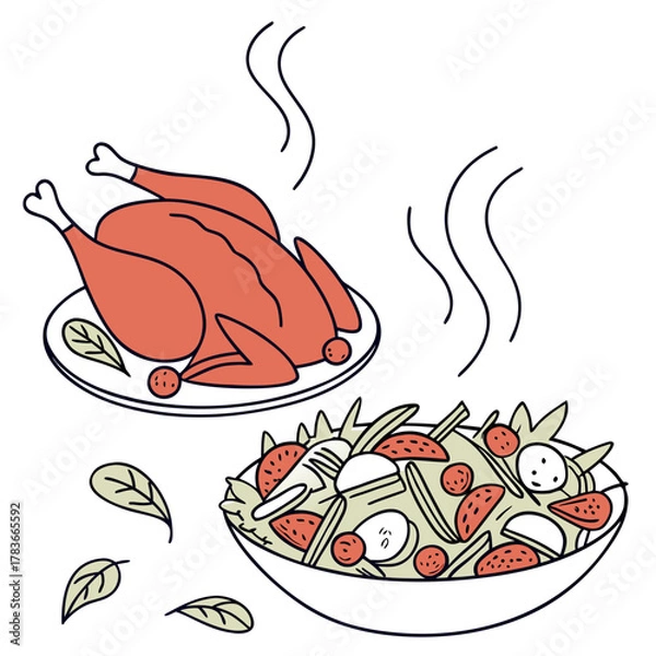 Obraz Hot roasted chicken and fresh salad meal illustration