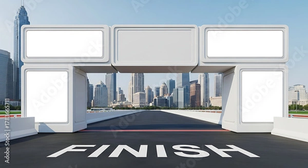 Fototapeta Front View Marathon Finish Line Billboard Arch Mockup, Empty Double Sided Advertising Space, Sports Event Sponsorship Panel