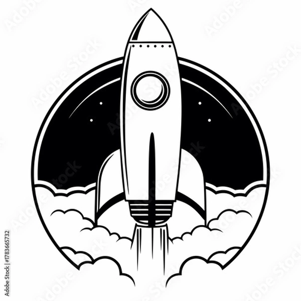 Obraz Retro rocket launching through clouds and stars