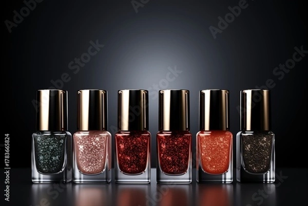 Obraz Five Nail Polish Bottles with Glitter and Shine on Dark Background 