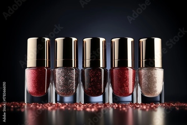 Obraz Five Nail Polish Bottles with Glitter and Shine on Dark Background 