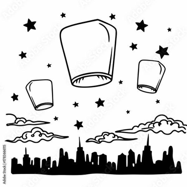 Obraz Sky lanterns ascend over a city skyline under a starry night sky
