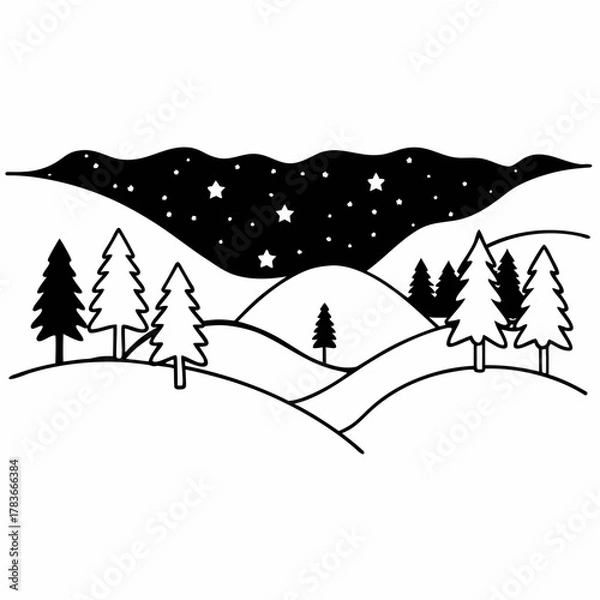 Obraz Whimsical winter night landscape with starry sky and pine trees