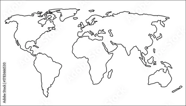 Fototapeta World Outlines. A minimalist world map depicted in black lines with white fill on a light background. The simplicity of the form emphasizes the universality and interconnectedness of all continents