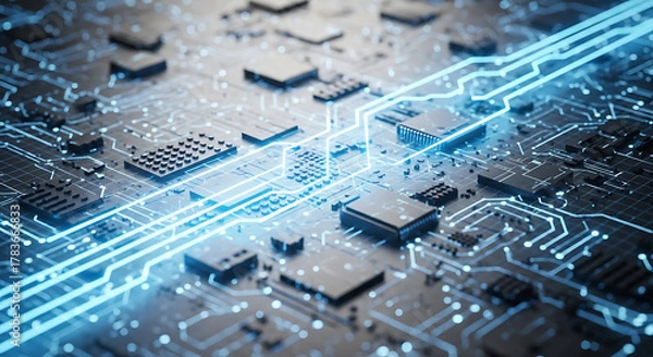 Fototapeta Futuristic Technology Background With Blue Digital Circuit Design