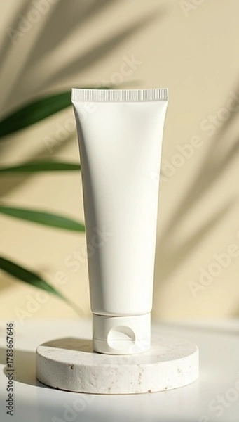 Obraz Cosmetic Tube Standing on Stone Tray with Green Minimal Eco Spa MockUp Scene