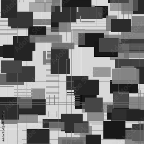 Obraz Abstract board. A composition of rectangles, lines and dots, executed in monochrome. Contrasting shades of gray, white and black give the work a modern and technological look.