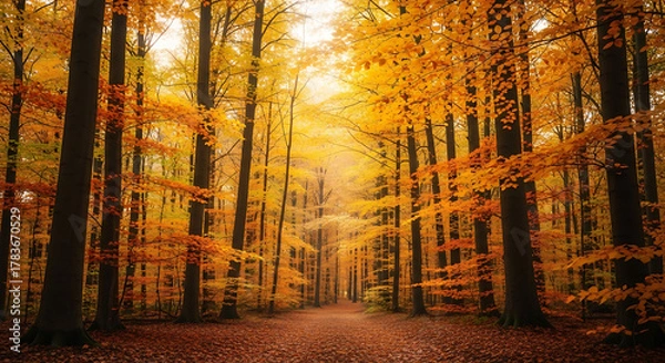 Fototapeta Autumn Forest Background With Warm Golden Foliage And Soft Light