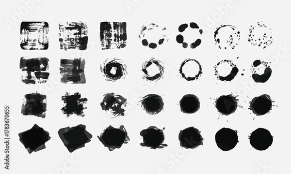 Obraz Dynamic assortment of distressed ink splatters, artistic paint strokes, and unique graphic grunge textures for modern design and creative backgrounds