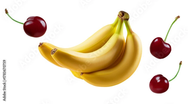 Fototapeta Floating Bananas and Cherries – Kiba Fruit – transparent background