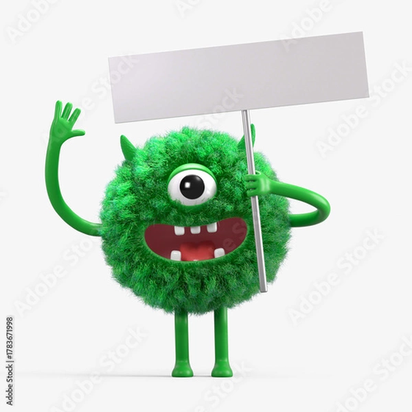 Obraz Fluffy, cute monster holds a blank sign, symbolizes information and advertising display. 3D rendering, conceptual image. Isolated on white background.