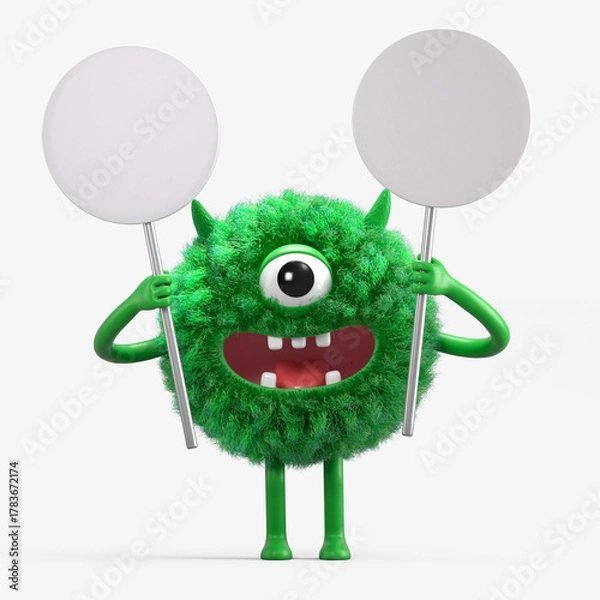 Obraz Fluffy, cute monster holds a blank sign, symbolizes information and advertising display. 3D rendering, conceptual image. Isolated on white background.