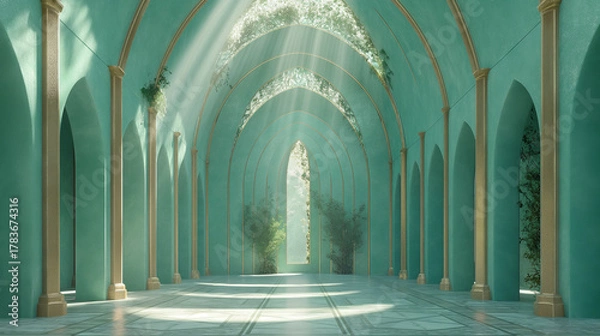 Fototapeta Ethereal turquoise temple colonnade with mystical light pillars, sacred fantasy architecture interior