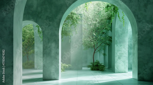 Fototapeta Mystical emerald forest corridor with ancient stone arches, ethereal green nature passage fantasy scene