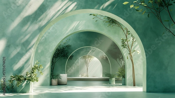 Fototapeta Enchanting green natural archway tunnel with mystical light, magical forest pathway fantasy landscape