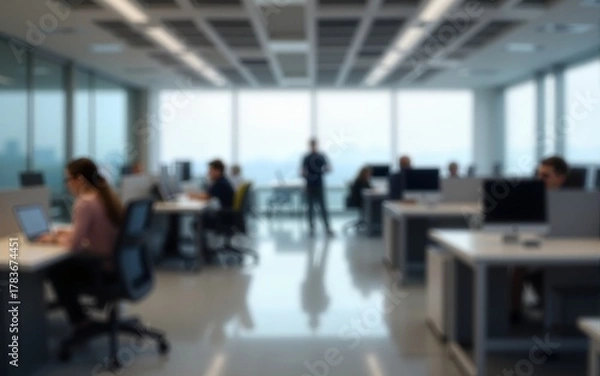 Fototapeta This is a blurry image of an office space with desks and computers. High quality