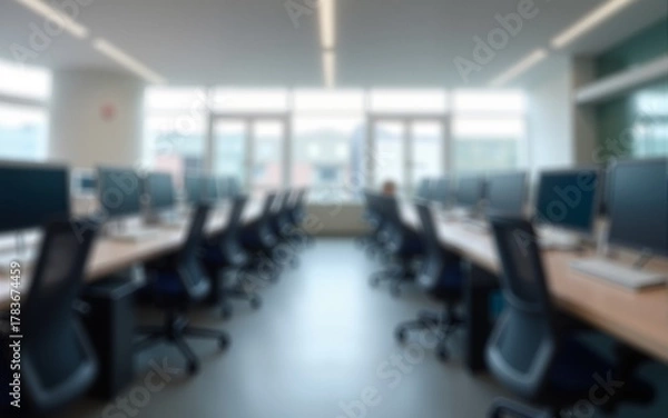 Fototapeta This is a blurry image of an office space with desks and computers. High quality