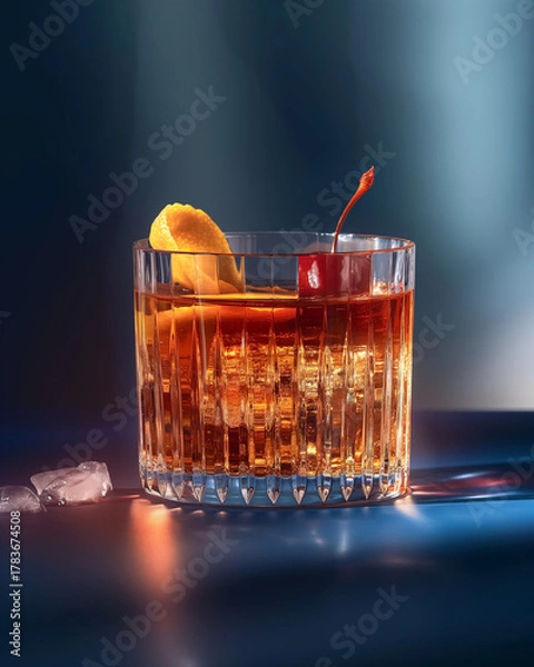 Fototapeta Elegant whiskey glasses with ice and warm ambient lighting, sophisticated bar scene beverage photography