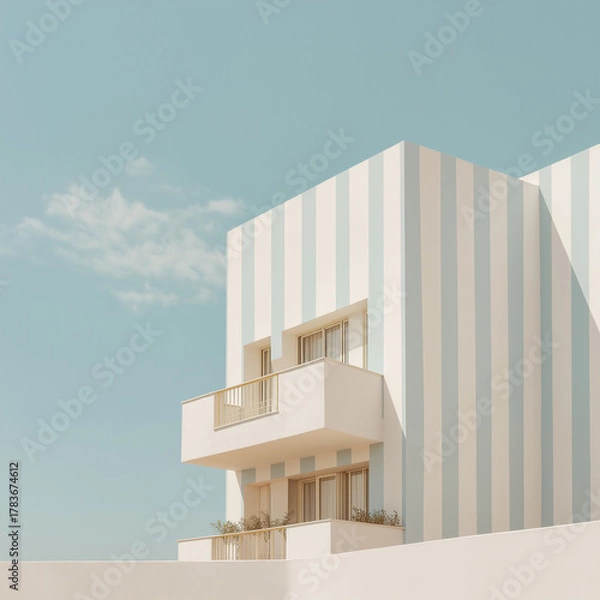 Fototapeta Modern architectural building with turquoise sky white vertical columns and balcony, contemporary minimalist exterior design photography