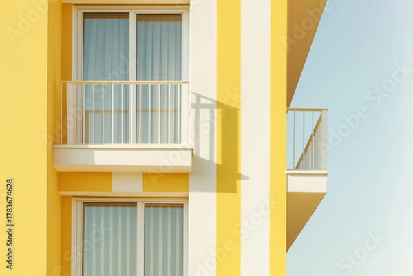 Fototapeta Bright yellow building facade with white door and windows, modern colorful residential architecture exterior photography