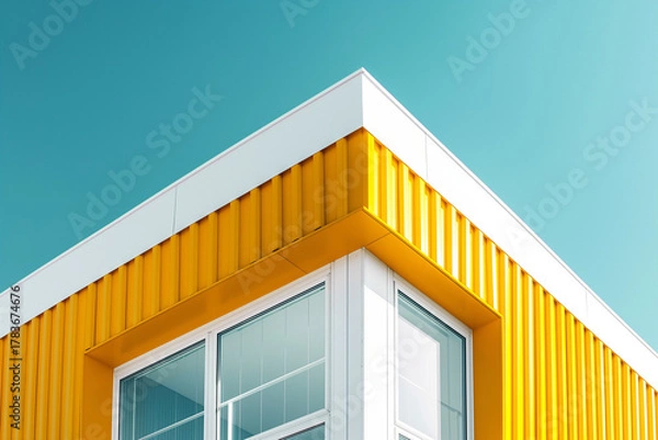 Fototapeta building, architecture, modern, contemporary, geometric, colorful, yellow, blue, turquoise, exterior, facade, structure, design, minimalist, clean, simple, bold, striking, vibrant, bright, urban, city