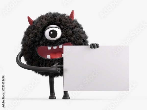Fototapeta Fluffy, cute monster holds a blank sign, symbolizes information and advertising display. 3D rendering, conceptual image. Isolated on white background.