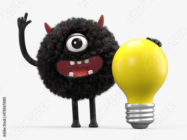 Obraz Fluffy, cute monster with a lightbulb, symbolizing ideas and innovation. 3D rendering, conceptual image. Isolated on white background.