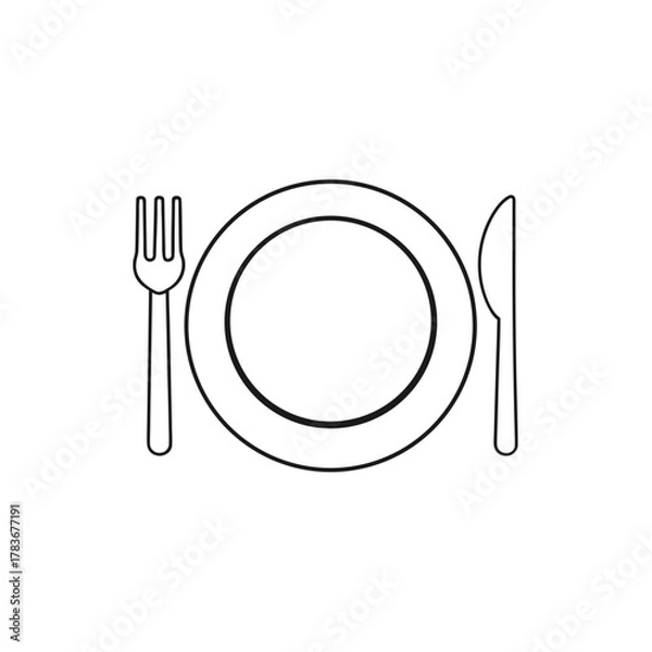 Fototapeta Minimalist outline icon of plate, fork, and knife dining set.