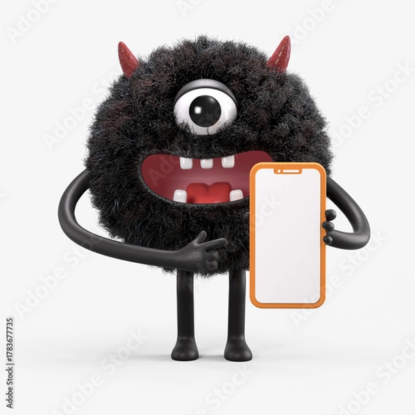 Fototapeta Fluffy, cute monster holding a phone, symbolizing tech support or communication. 3D rendering, conceptual image. Isolated on white background.