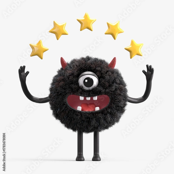 Obraz Fluffy, cute monster with five stars, representing top-quality service. 3D rendering, conceptual image. Isolated on white background.