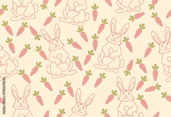 Fototapeta rabbit seamless pattern vector illustration pastel color with vintage style plant ornament in hand drawing