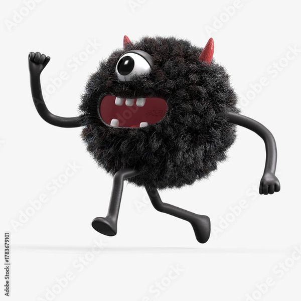 Obraz Fluffy, cute monster joyfully running, symbolizing happiness or excitement. 3D rendering, conceptual image. Isolated on white background.