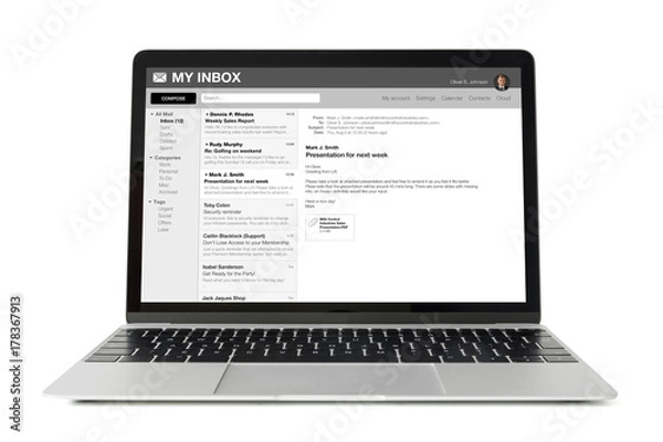 Fototapeta Przykładowy interfejs aplikacji e-mail na laptopie.