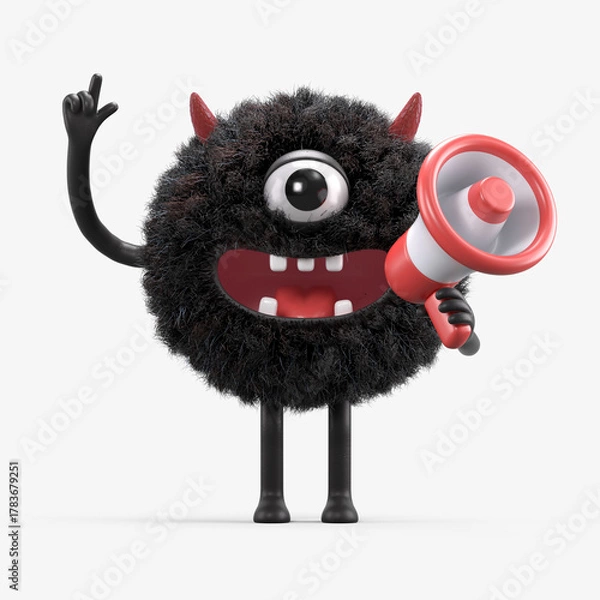Obraz Fluffy, cute monster with a megaphone, symbolizing announcement or promotion. 3D rendering, conceptual image. Isolated on white background.
