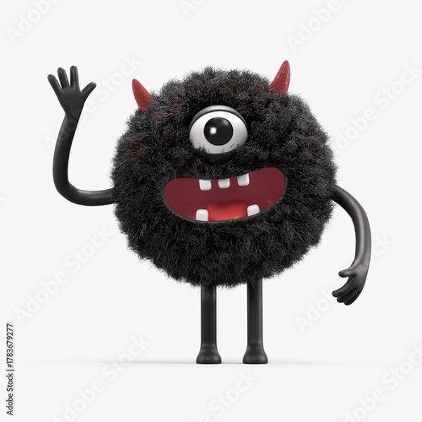 Fototapeta Fluffy, cute monster waving, symbolizing greeting or friendliness. 3D rendering, conceptual image. Isolated on white background.