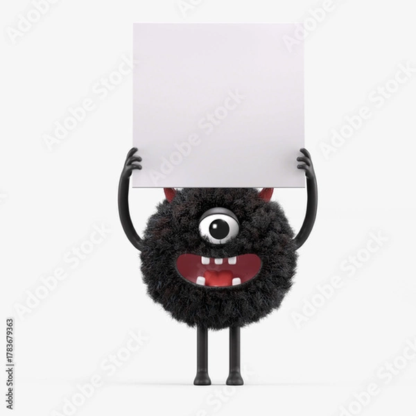 Fototapeta Fluffy, cute monster holds a blank sign, symbolizes information and advertising display. 3D rendering, conceptual image. Isolated on white background.