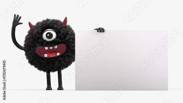 Obraz Fluffy, cute monster holds a blank sign, symbolizes information and advertising display. 3D rendering, conceptual image. Isolated on white background.