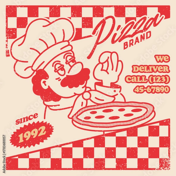 Fototapeta Vintage-style poster illustration of Italian chef presenting pizza with perfect taste gesture. Retro pizzeria design with checkered background for restaurant branding and food marketing.