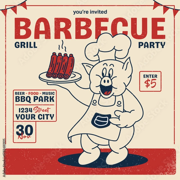 Obraz Vintage barbecue party poster featuring pig chef holding grilled ribs with distressed texture. Retro BBQ design with bold typography for event promotion and restaurant marketing.