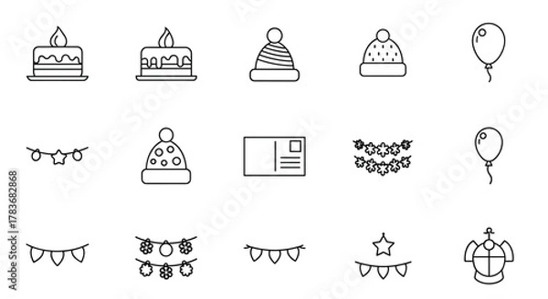 Fototapeta Collection of thin line icons for celebrations and holidays, including cakes with candles, festive hats, postcards, garlands, and balloons, suitable for web, books, cards, and apps, featuring