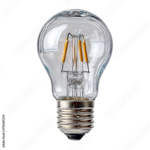Obraz Clear glass LED filament light bulb with a metal base on a white background, representing innovation and energy efficiency.