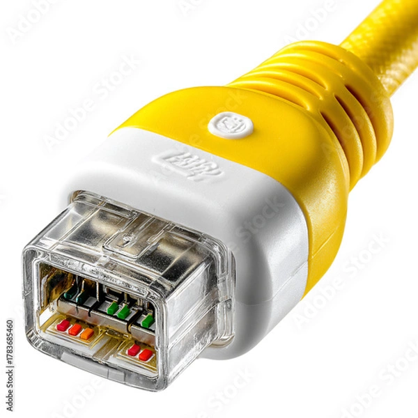 Obraz Bright yellow network cable connector with clear housing showing wiring