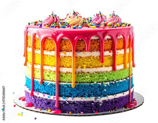 Fototapeta Colorful rainbow layered birthday cake with dripping icing and sprinkles, isolated on a transparent background, PNG
