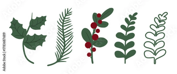 Obraz Botanical leaf elements in flat decorative style, suitable for holiday crafts, greeting card design, scrapbooking, stickers, and seasonal illustration projects.
