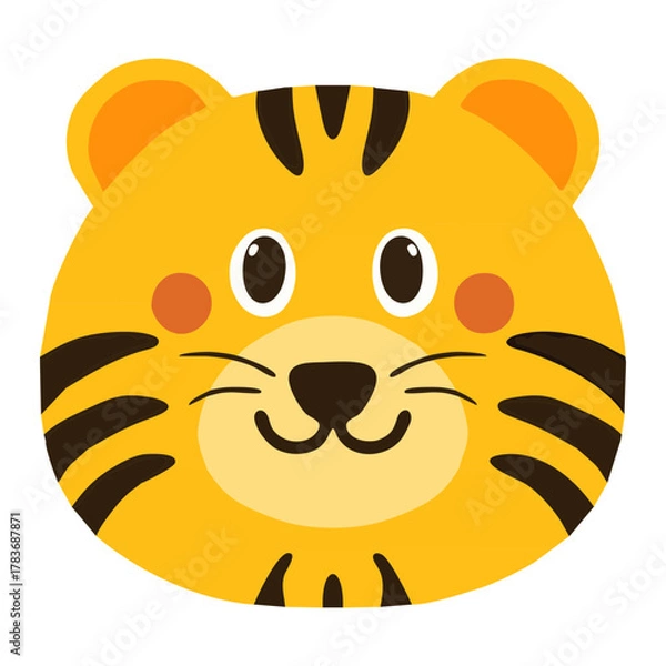 Obraz Cute cartoon tiger head illustration in flat vector style, perfect for children’s designs, educational materials, stickers, posters, and playful graphic projects.