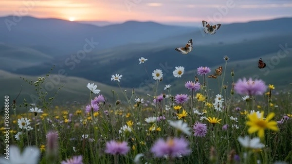 Fototapeta A field of wildflowers with butterflies and mountains at sunset
