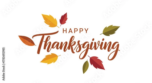 Fototapeta Happy thanksgiving text with falling autumn leaves in warm colors on a white background