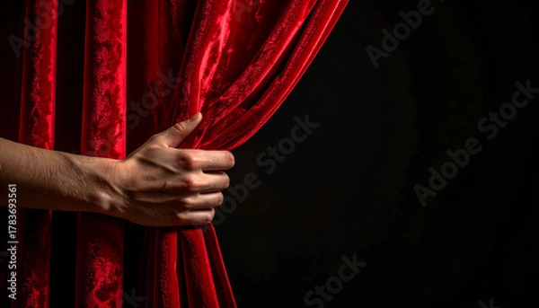 Obraz Hand Opening Red Curtain
