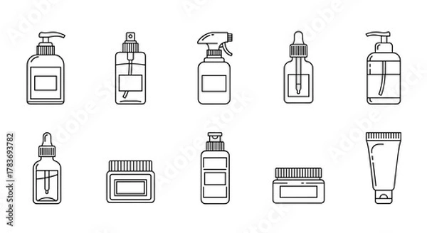 Fototapeta Set of thin line icons for cosmetic bottles, including pump dispensers, spray bottles, dropper bottles, jars, and tubes, perfect for web, apps, and print. Editable stroke vector illustration on a