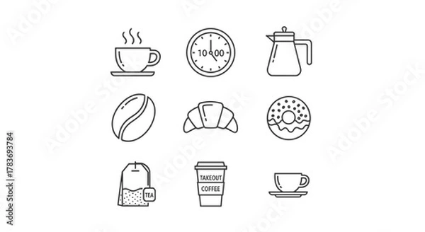 Fototapeta A collection of thin line icons representing a coffee break, featuring a steaming coffee cup, a clock showing 10:00, a coffee pot, a coffee bean, a croissant, a frosted donut, a tea bag, a takeout